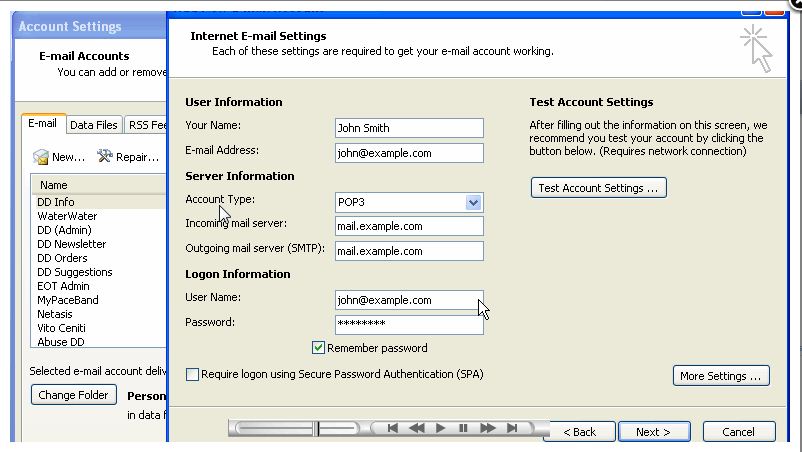 outlook 2007 email account settings